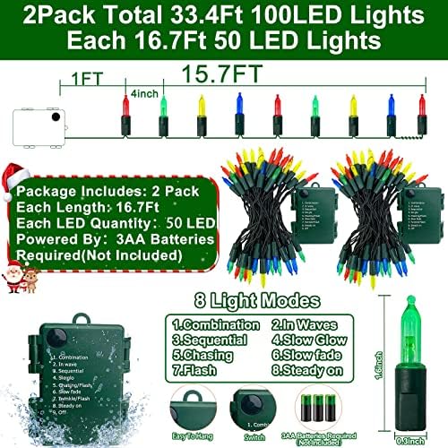 [8 מצבים וטיימר] 2 חבילות המופעלות על סוללות סוללות אורות מיתר חג המולד סהכ סהכ 100 LED 33.4 רגל אורות עץ